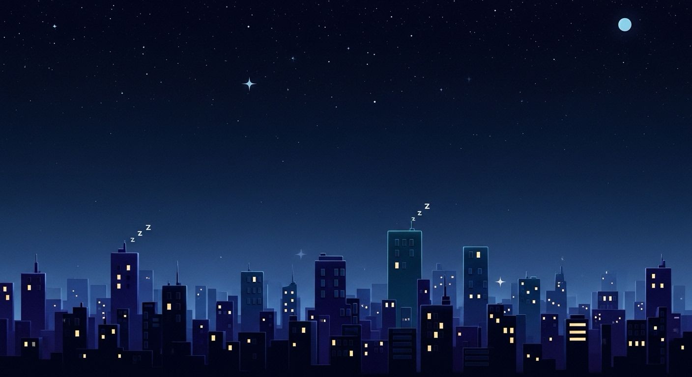 Nighttime city skyline with illuminated windows under a starry sky